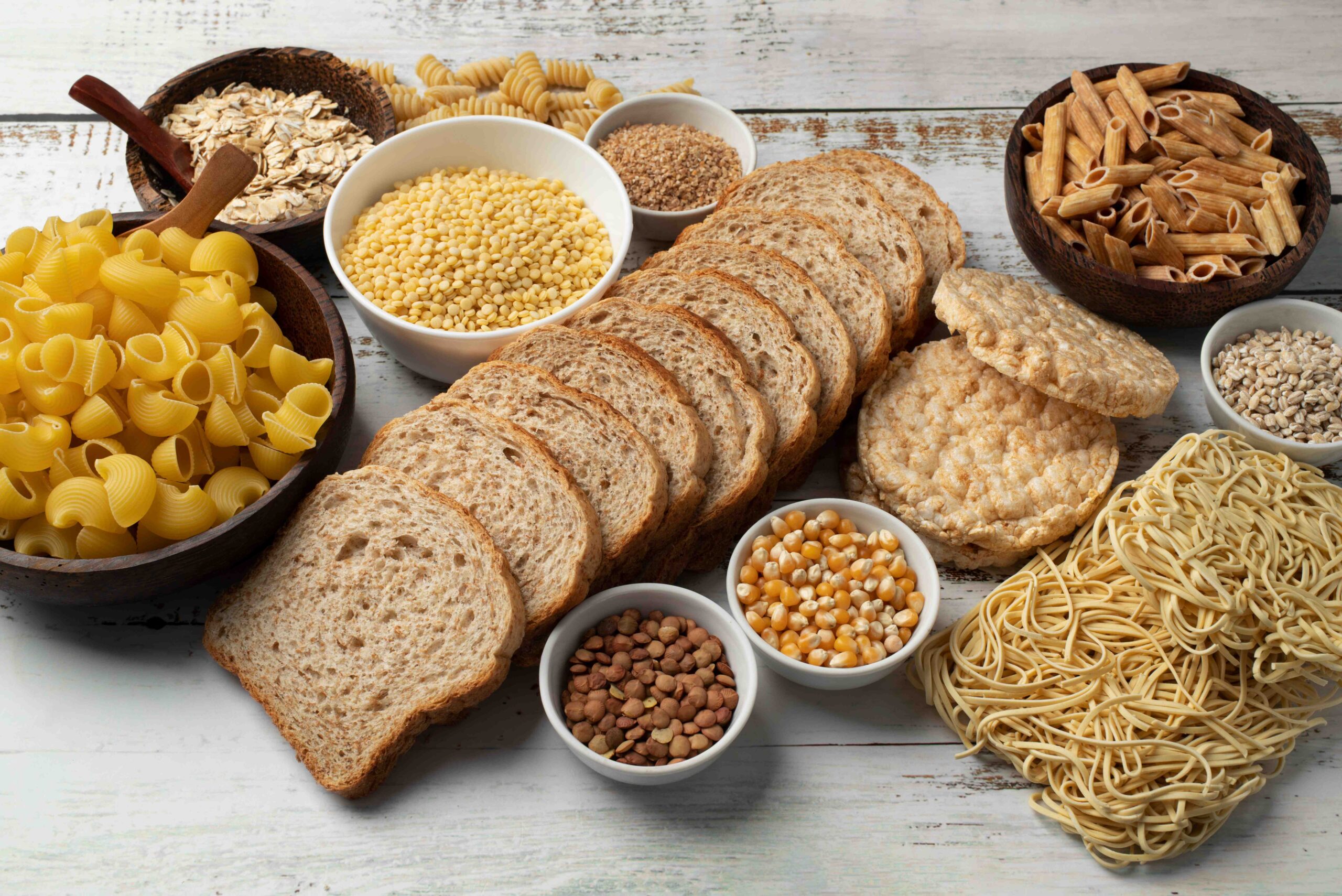 Carbohydrates, bread, nuts, pasta
